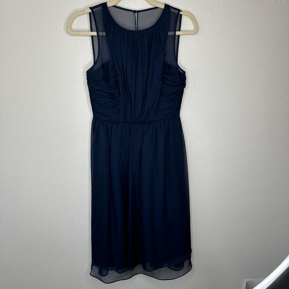 Hitherto Daylily Navy Sheer Shoulder Sleeveless Dress Ruched Side & Back Waist 0 - Picture 3 of 16